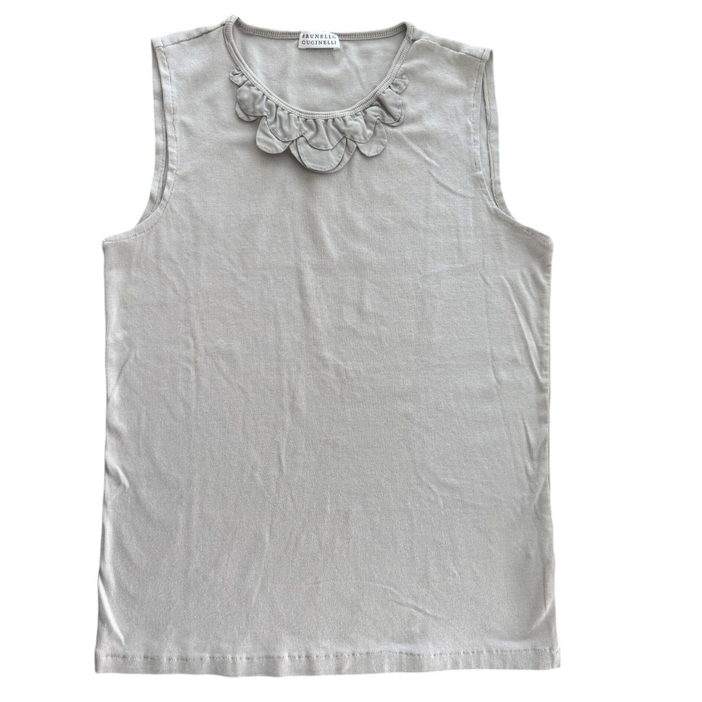 Brunello Cucinelli Tank Top Grey Taupe Ruffle Neck Ribbed Cotton Layer L - XXL